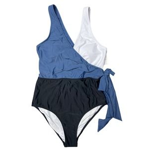 Cupshe Women Medium Blue White Colorblock Tie Waist One Piece Swimsuit Swimwear